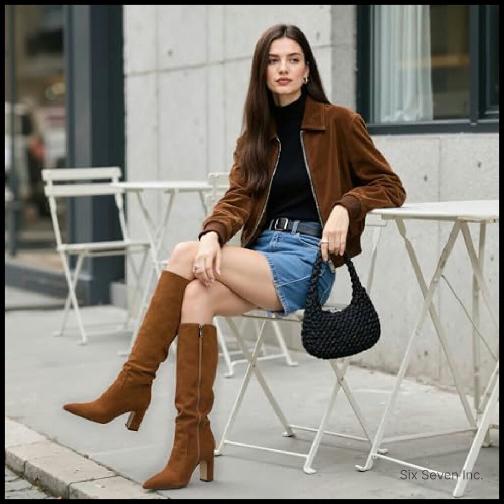 Knee High Boots Chunky Heel Pointed Toe Side Zipper Elegant Dressy Comfortable - Picture 4 of 8